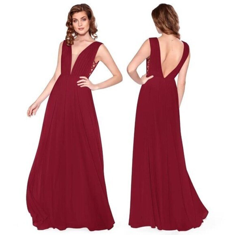 Azazie Chiffon Gown Dress Maxi Blaine Deep Vneck Formal Elegant Red Size10 $129
